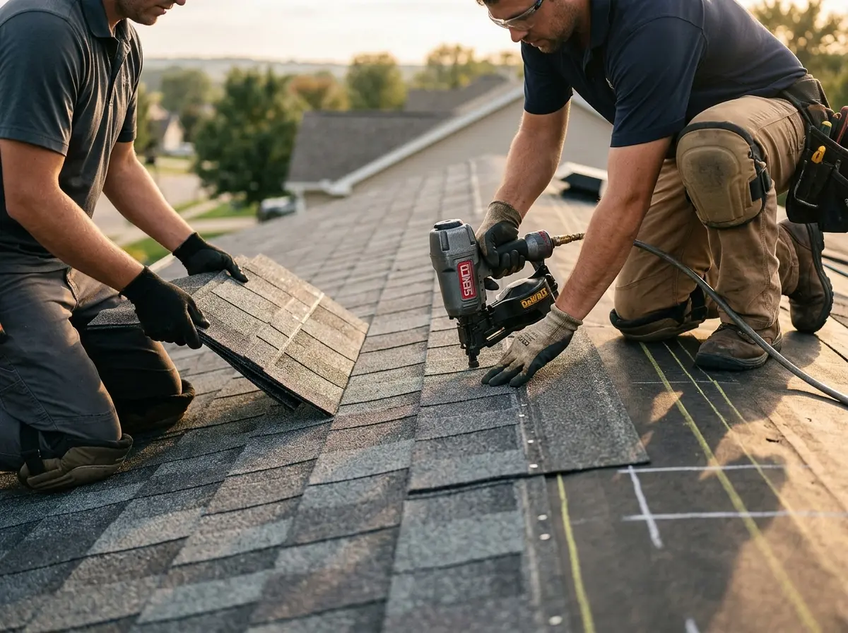 Professional roofer working on a residential roof in Temple